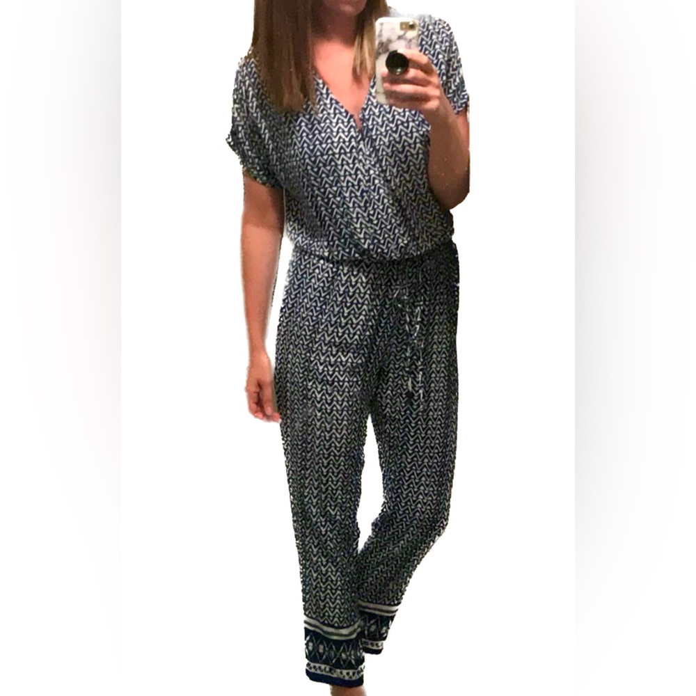 Olivaceous | Blue and White Jumpsuit. Size Small